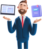 Cartoon man holding a laptop and a book